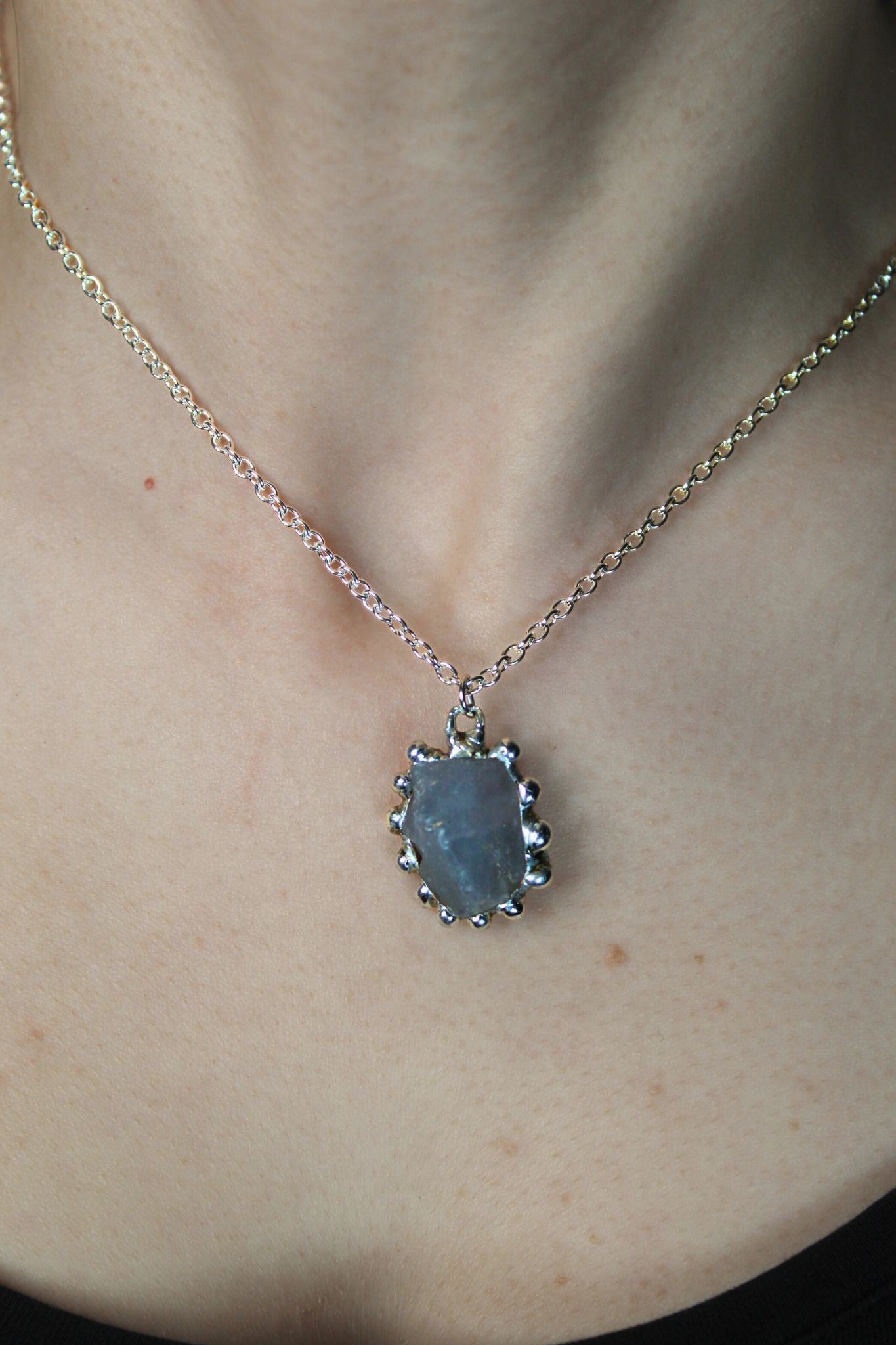 Soft Soldered Light Green Stone Pendant Necklace | Silver & Green - Image 4