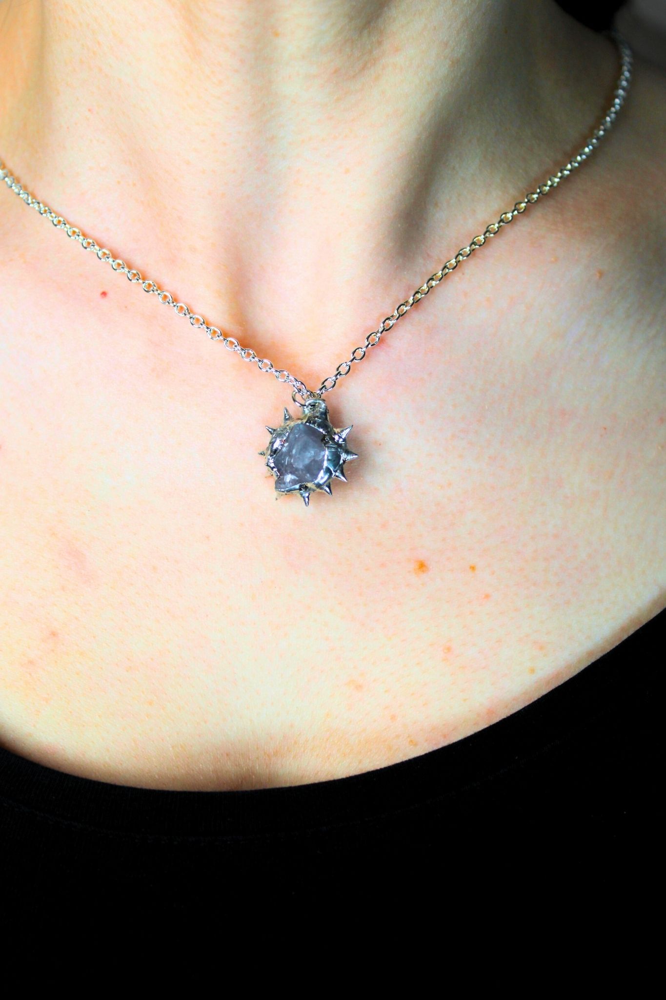 Soft Soldered Spiked Opalescent Stone Pendant Necklace - Image 4