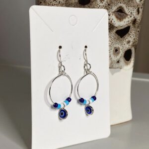 Blue & White Bead Hoop Earrings with Evil Eye